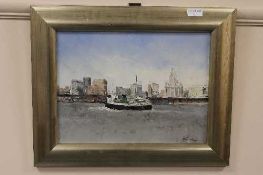 Sheila Turner : 'Tugboat on the River Mersey', oil on panel, signed, 29cm x 39 cm, framed.