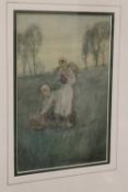 Victor Noble Rainbird : 'Gathering sticks', watercolour, signed, 24 cm x 16 cm, framed.