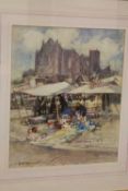 Ethel Mallinson : 'Continental market scene', watercolour, signed, 37 cm x 30 cm, framed.