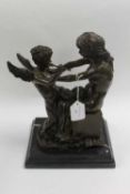 After Moreau - Bronze study of Cupid with arrow and maiden, on marble plinth, height 36 cm.