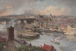 After Neils Moeller Lund : Newcastle upon Tyne from Gateshead, 1896, chromolithograph, 49 cm x 84