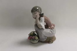 A Lladro figure - Young girl seated on a wicker basket, together with three other similarly themed