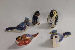 A Royal Crown Derby animal figure - Rockhopper penguin, together with four other birds of the same
