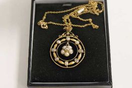 A 9ct gold Edwardian seed pearl pendant on 9ct gold chain. CONDITION REPORT: Good condition.