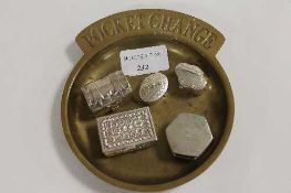 A brass pocket change tray, together with five sterling silver pill boxes. (6) CONDITION REPORT: