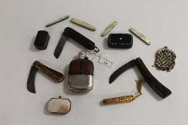 Three Victorian horn handled pocket knives, together with a miniature purse and other interesting