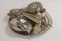 An Asprey silver-plated card tray, together with two silver forks and a selection of silver topped /