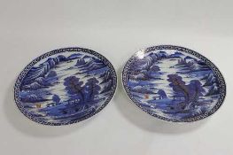A pair of Japanese blue and white chargers, width 41 cm. (2) CONDITION REPORT: Excellent condition.