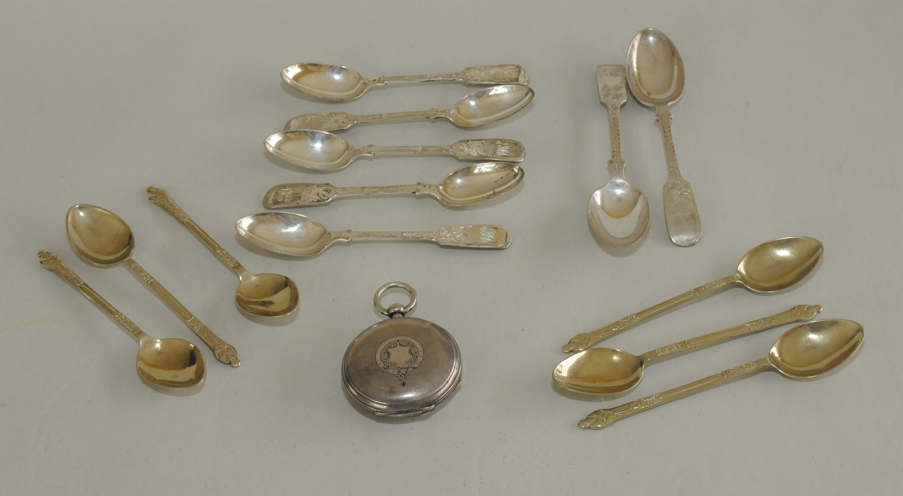 Silver lever watch, 1890; seven tea spoons, 1905/26 & six others, e.p.