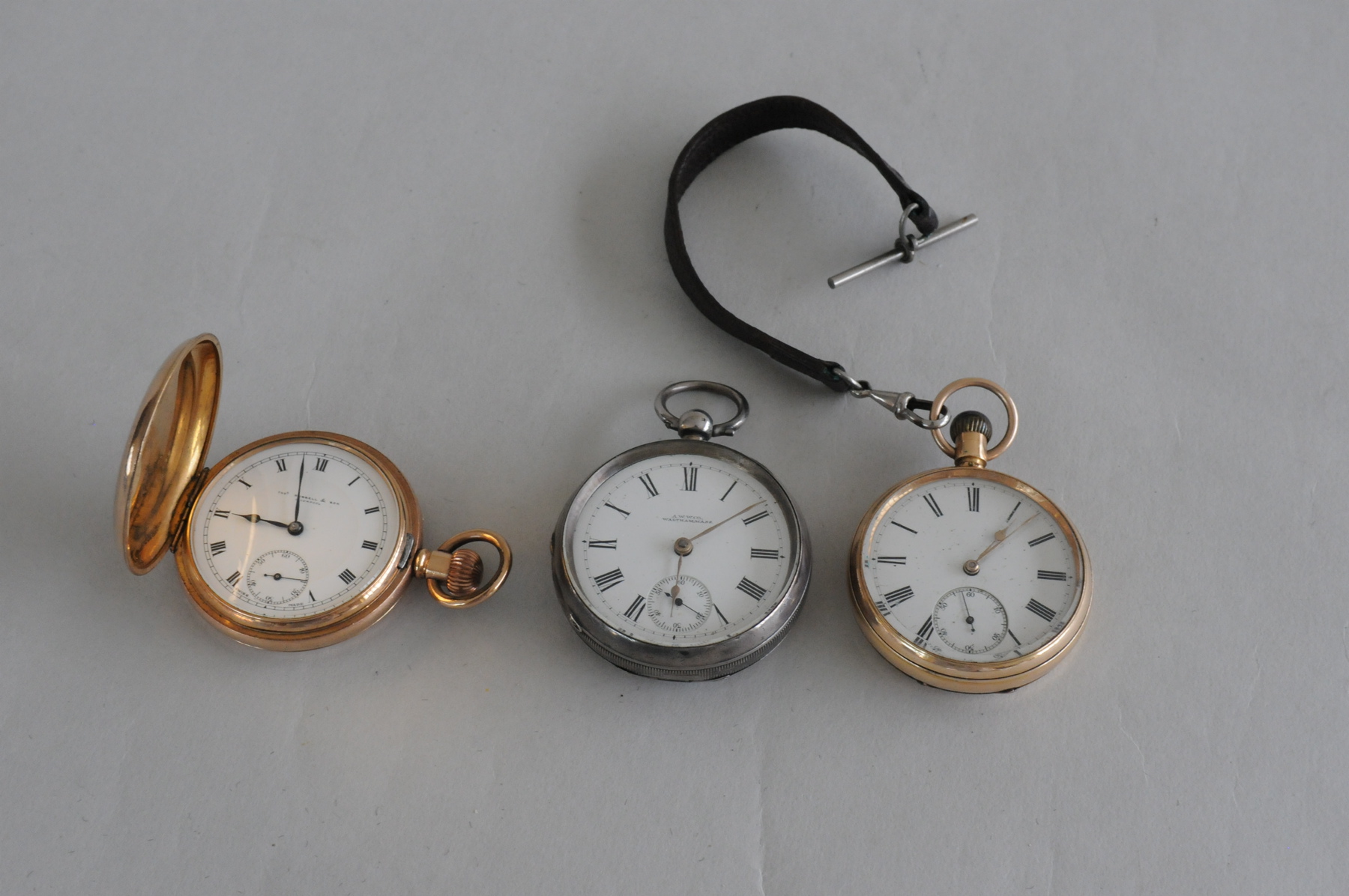 Waltham lever watch in silver openface case, 1904 & two rolled gold pocket watches.