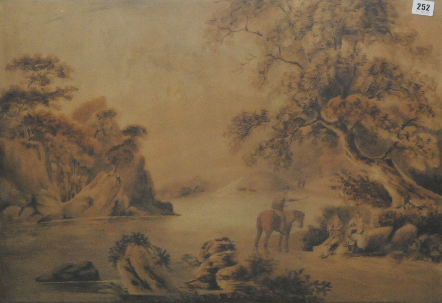 ENGLISH SCHOOL C.1800.
Mountainous landscape with figures.
Watercolour.
18¾" x 27".