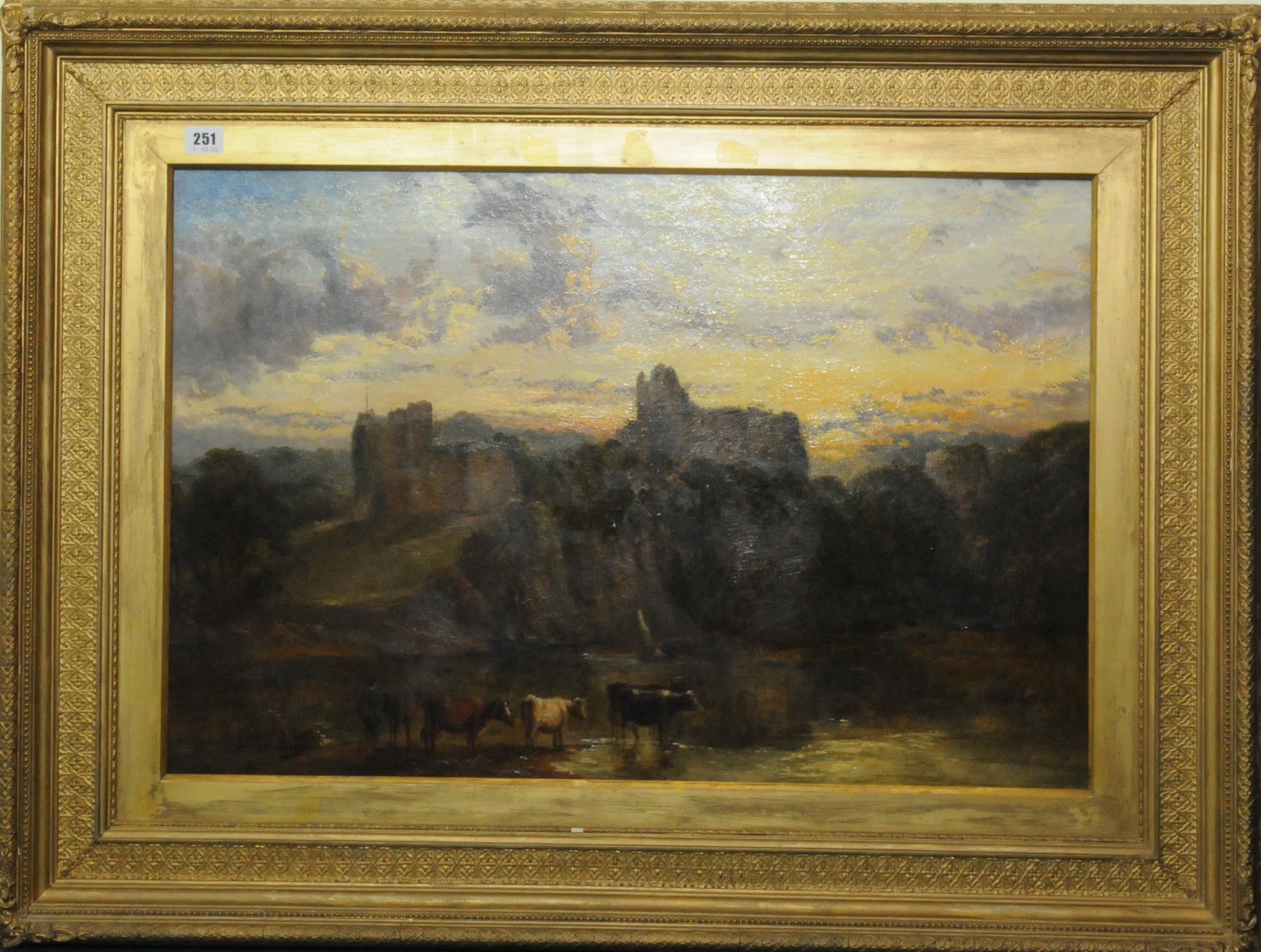 THOMAS WHITTLE.
"Chepstow Castle, sunset on the Wye, Monmouthshire".
Oil on canvas. 19¼" x 29½".