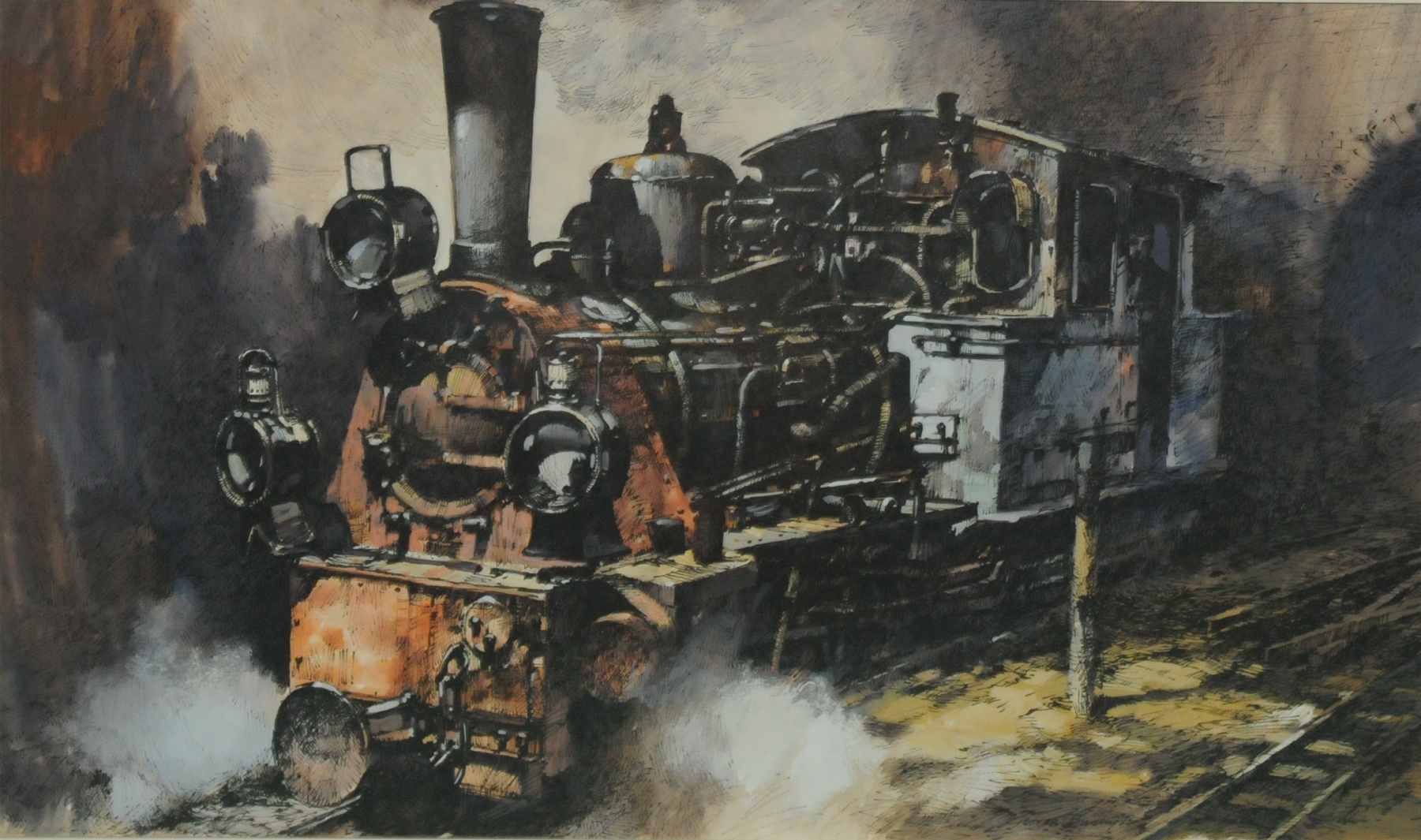GEORGE BUSBY.
Jung locomotive, Llanberis.
Pen, ink & watercolour.
13" x 21¾". Signed & dated (19)