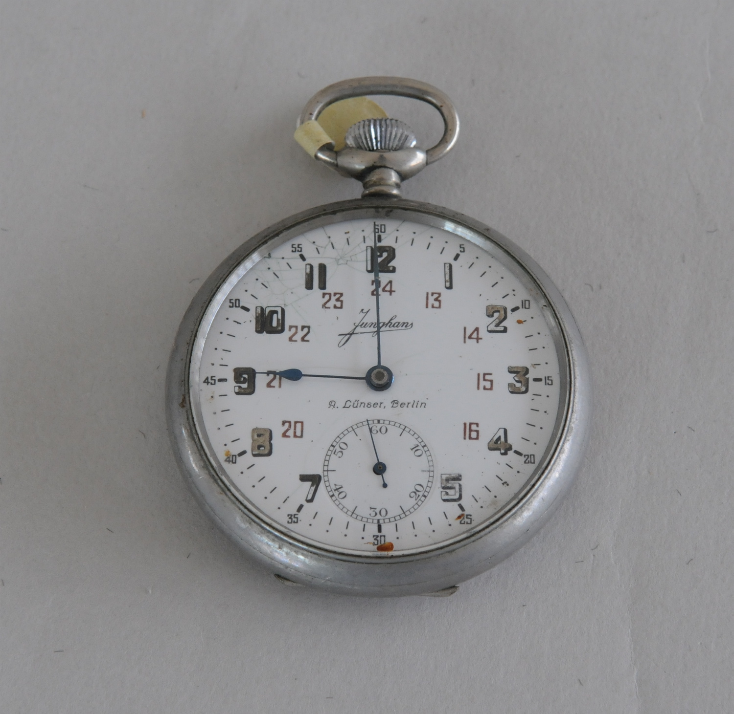 Unusual lever watch by Junghaus, for Lunser, Berlin, in nickel openface case, 1910.