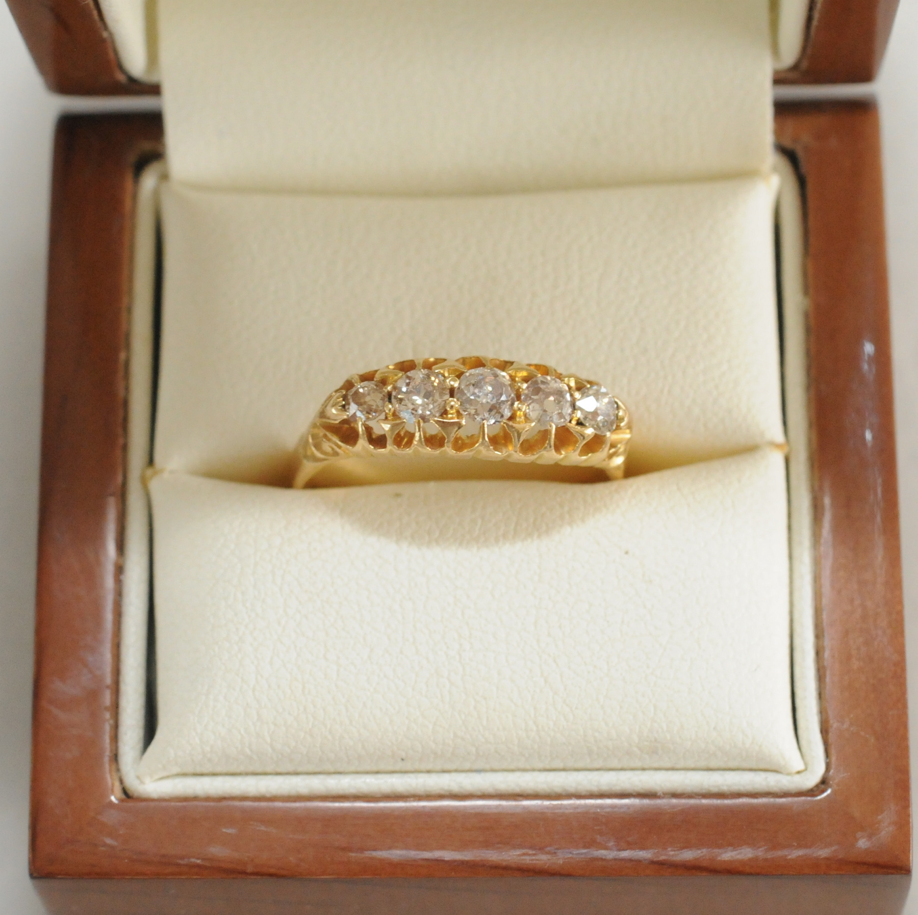 Edwardian five stone diamond ring with old cut brilliants, in 18ct gold, 1903.