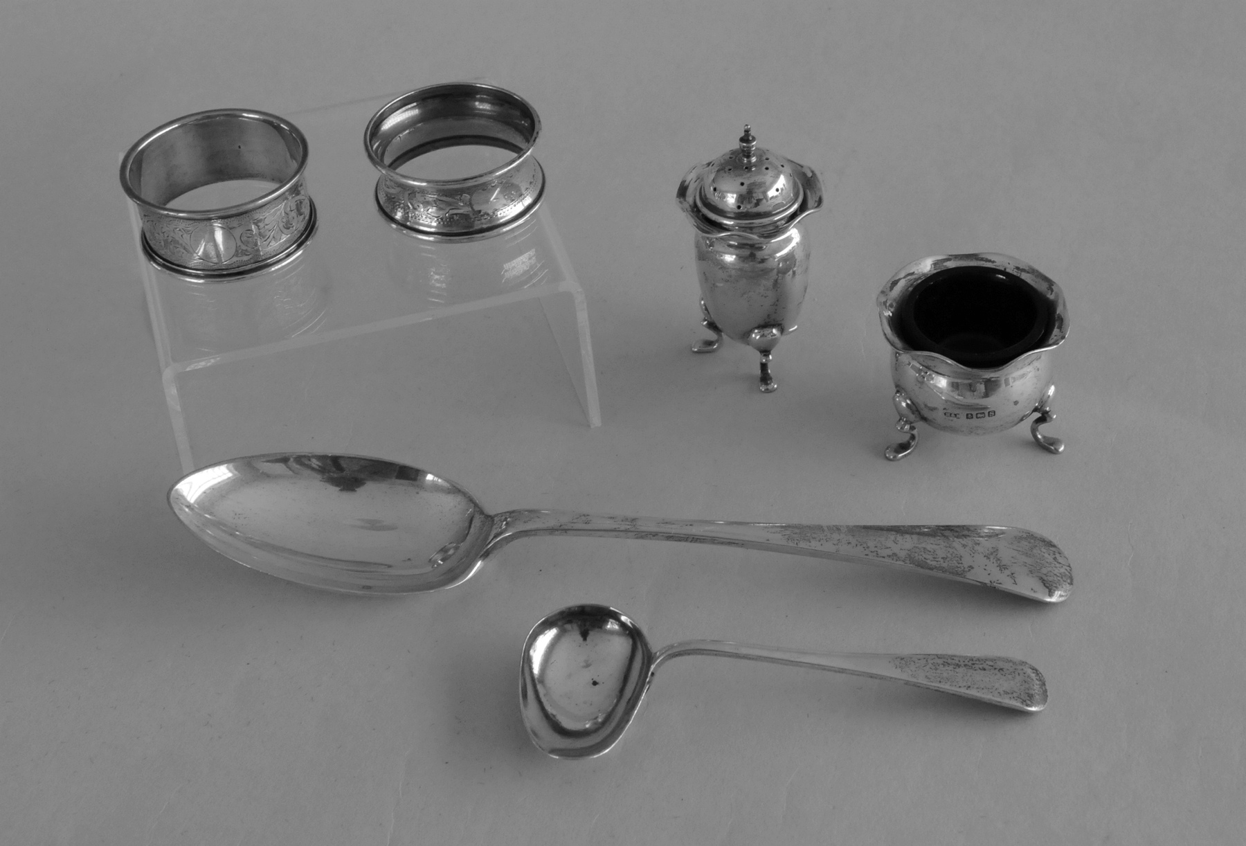 Silver table spoon; two condiments & three other items, 6½ oz.  (6).