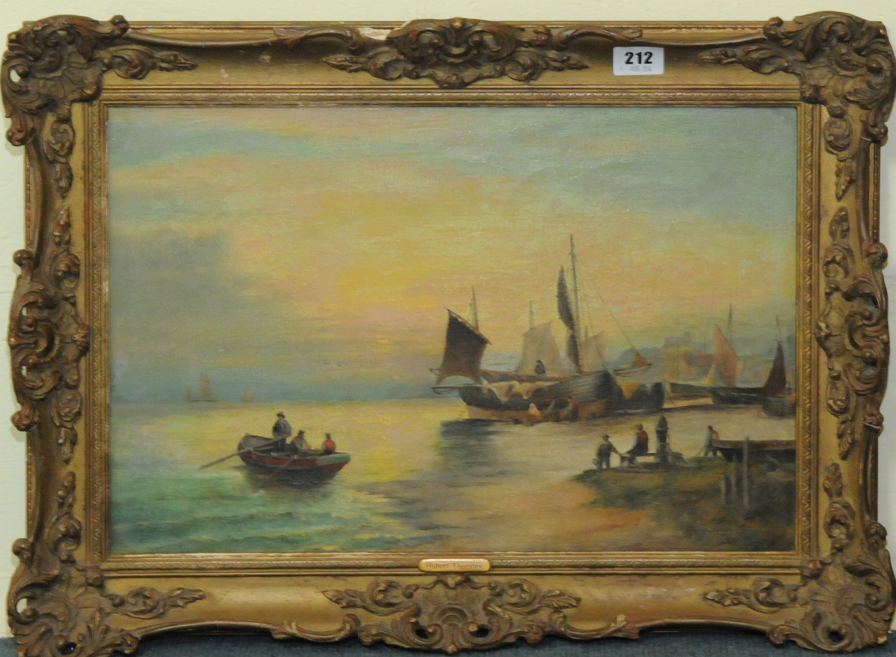 HUBERT THORNLEY.
Beached fishing boats.
Oil on canvas.
12" x 17¼". Signed.