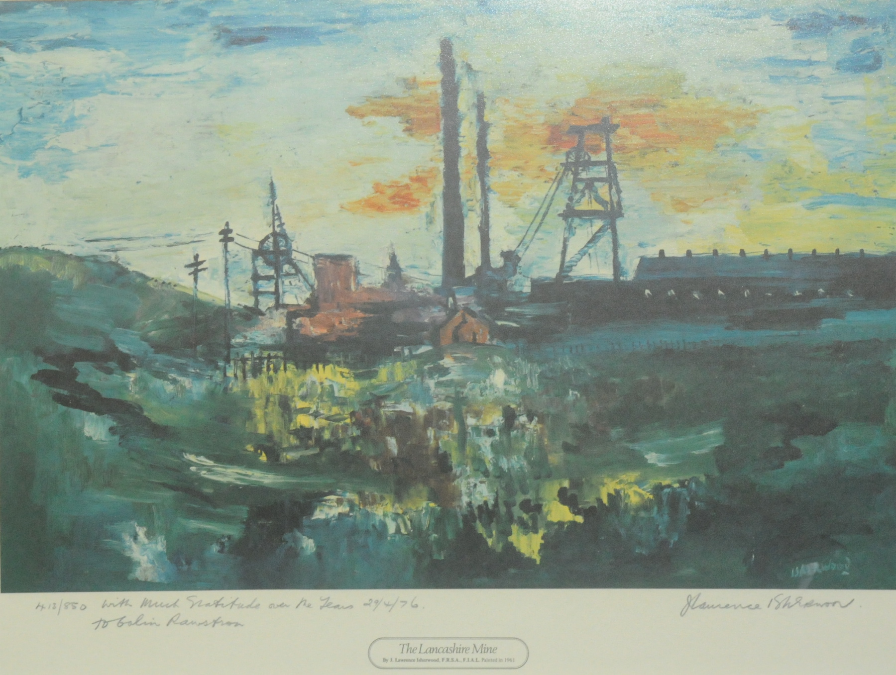 "The Lancashire Mine", a 1961 colour print after an original by Lawrence Isherwood, signed in pencil