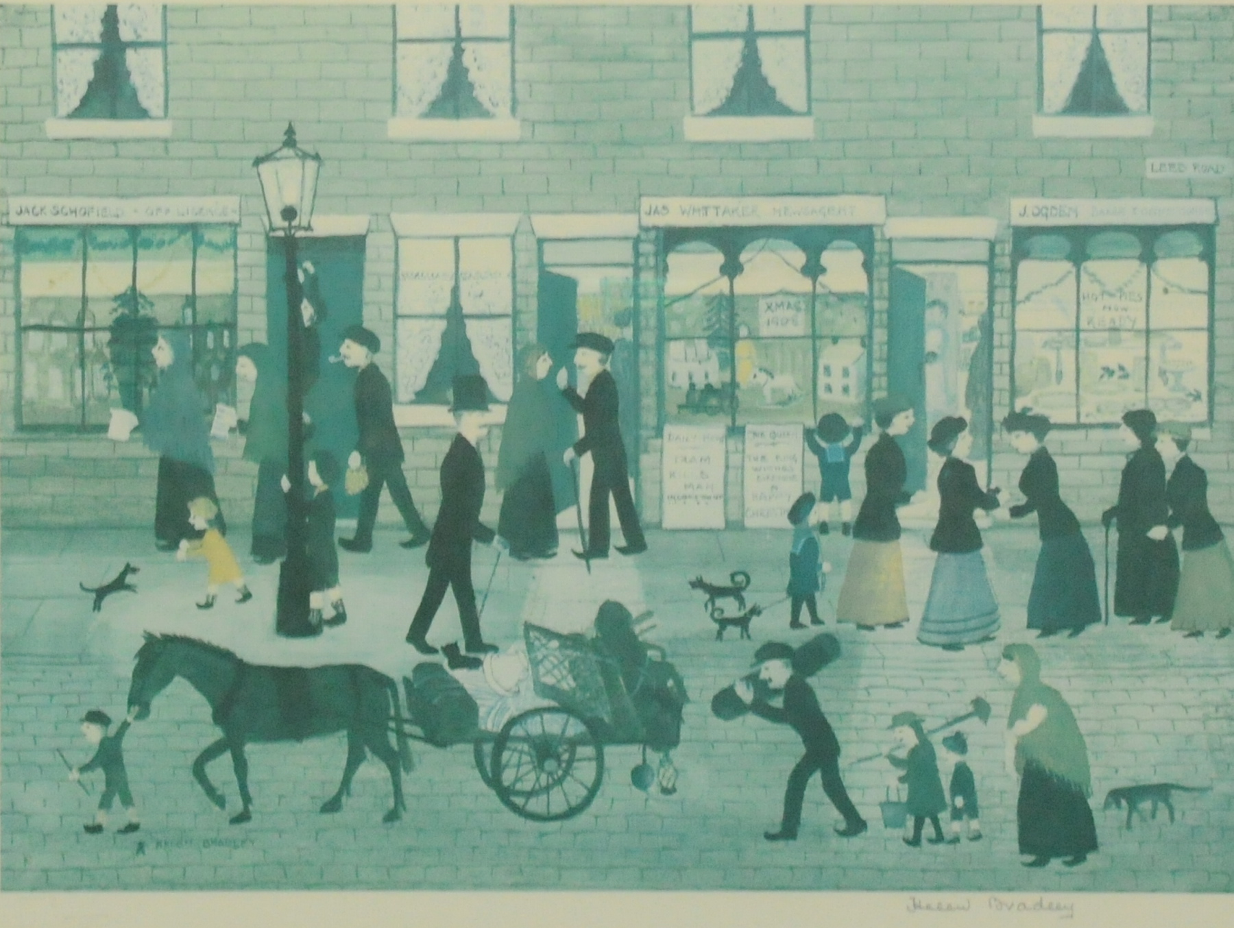 An Edwardian street scene at Christmas, a colour print after an original by Helen Bradley, signed in