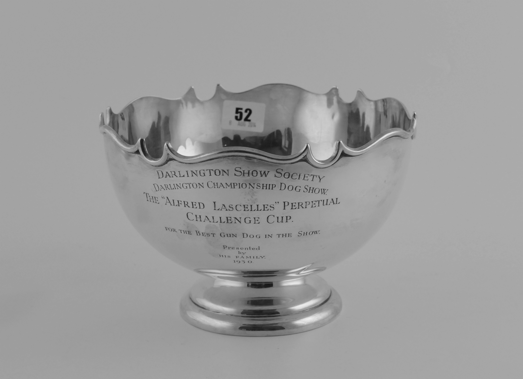 Silver rose bowl with waved moulded edge "Darlington Show Society ... Best Gun Dog ... 1930", 20