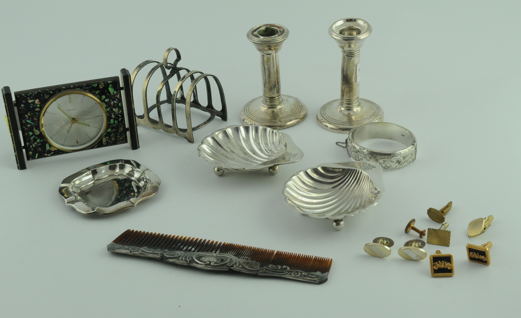 Pair of silver butter shells, crested, Sheffield, 1933; an ash tray & various other items, some