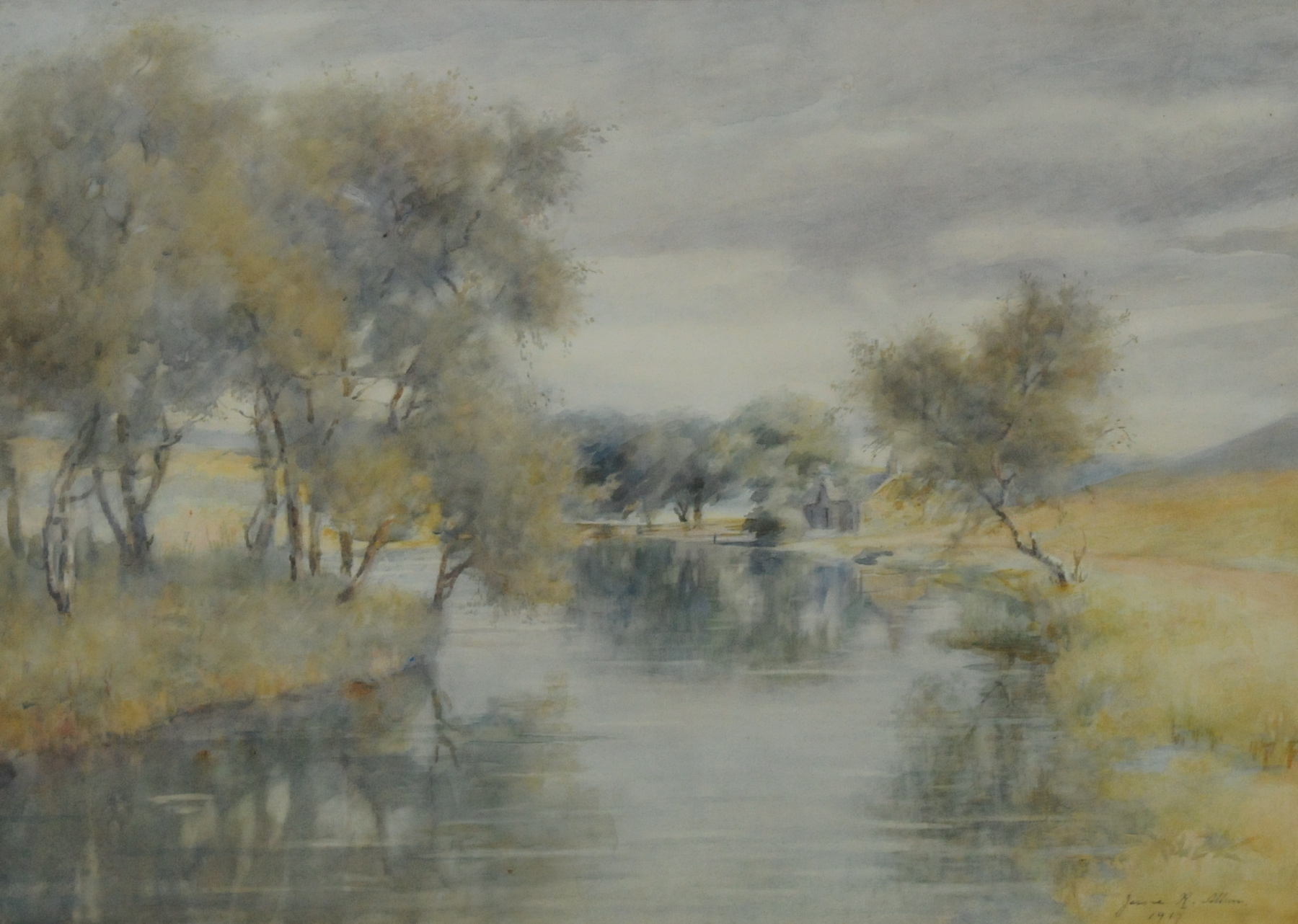 JESSIE R. ALLAN.
Willows & birch trees by a river.
Watercolour. 15" x 21".
Signed & dated 1917.