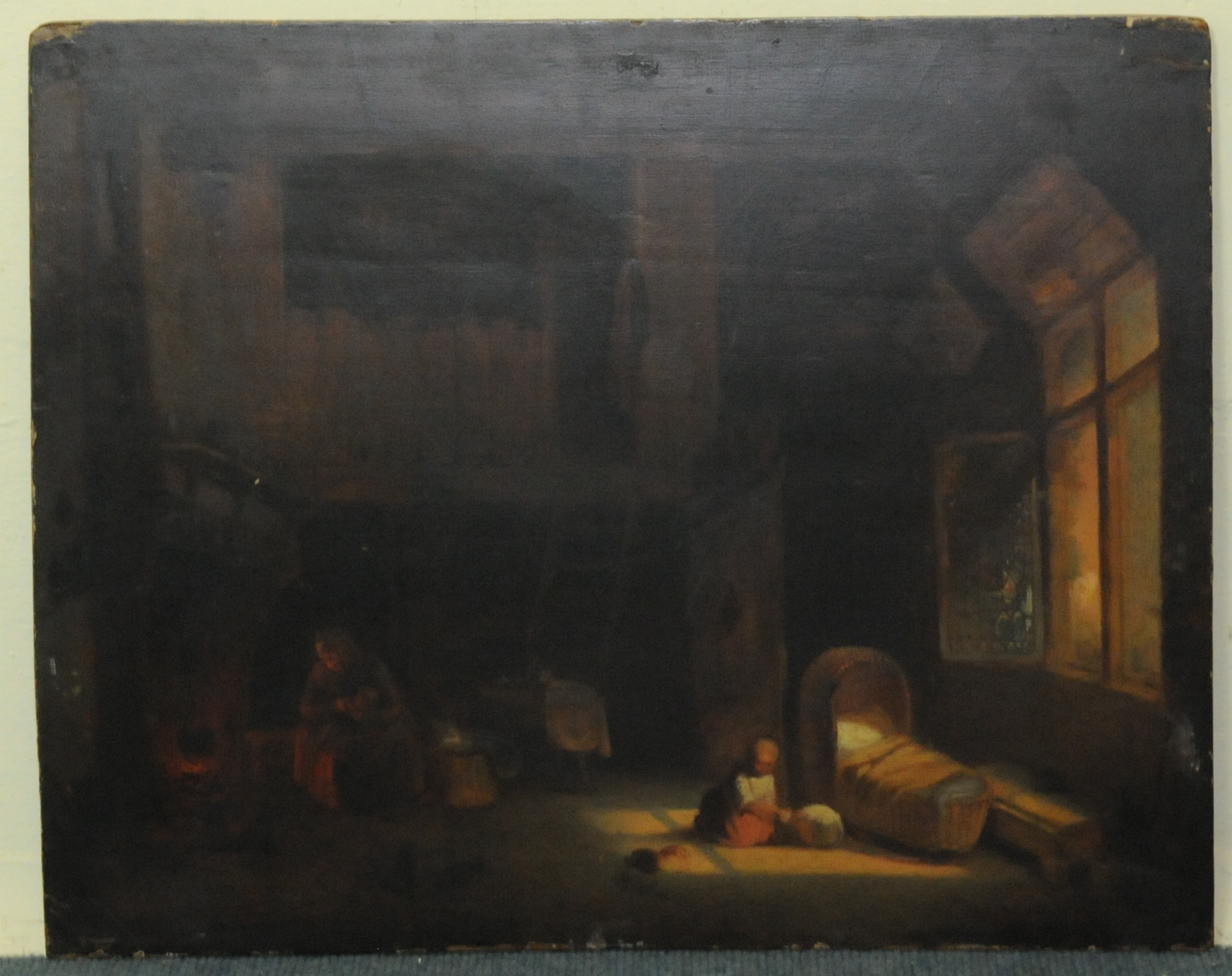 JAN VAN LIL.
Dutch cottage interior with mother & children.
Oil on panel. 15¾" x 19¾".
Signed &