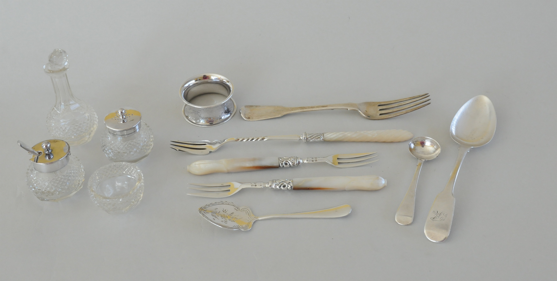 Silver dessert spoon & fork, 1817 & 1825 & various silver, glass & other items.