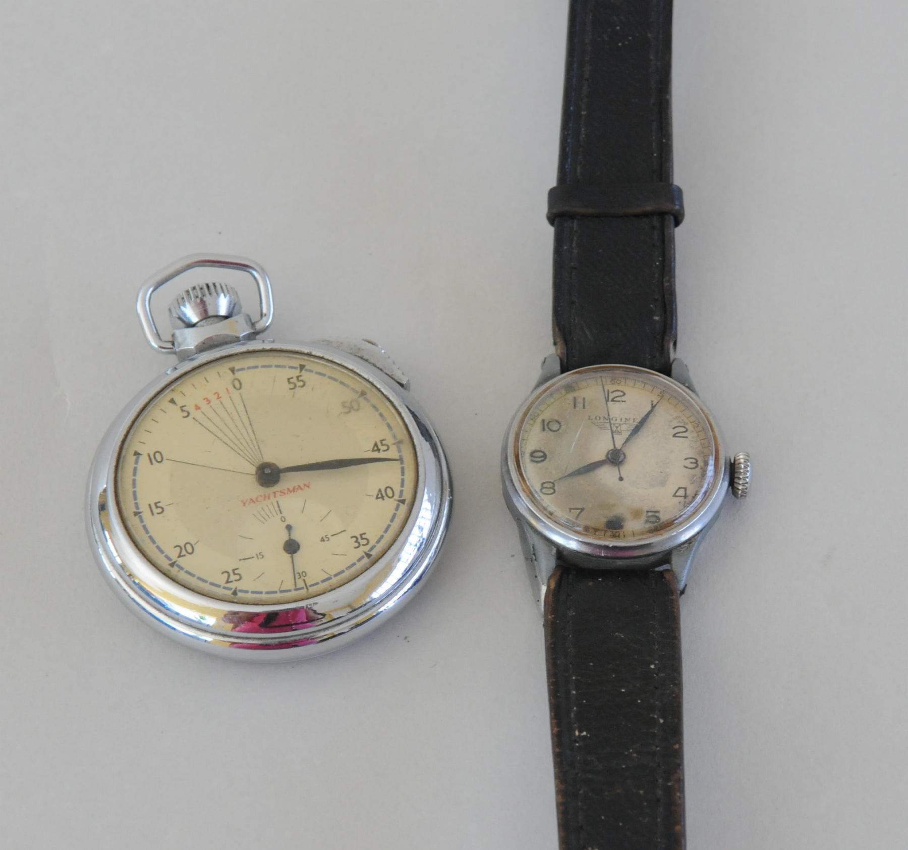 Gent's Longines watch with sweep seconds in chrome case, on strap, c.1950 & a Smiths "Yachtsman"