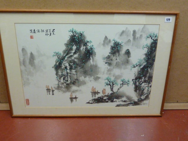 20th century Chinese watercolour by Cui Yungshen depicting fishing boats on a lake surrounded by