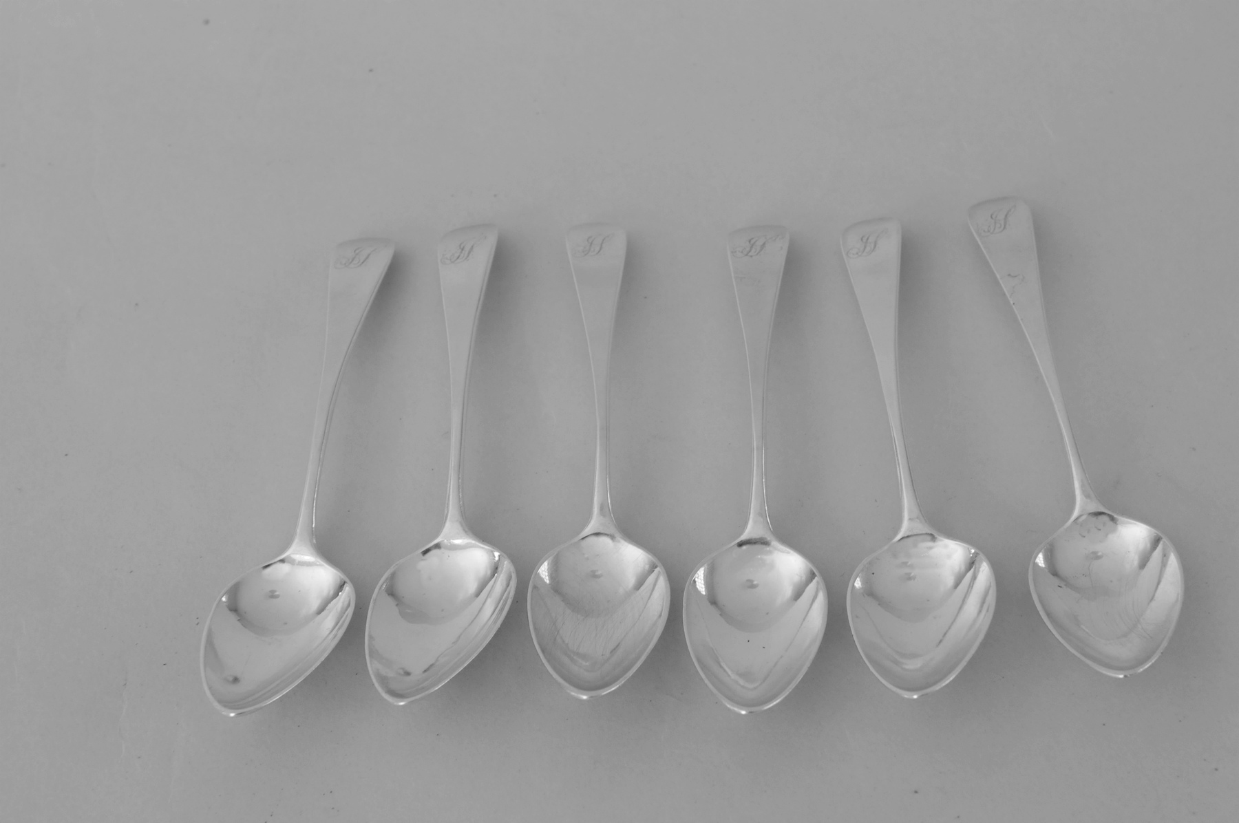 Set of six silver tea spoons, boldly initialled 'S.T.', by Godbehere, Wigan & Bult, 1805.