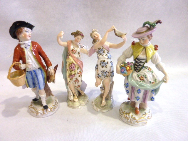 Pair of Potschappel German porcelain figures in 18th century dress, he carrying a basket of eggs &