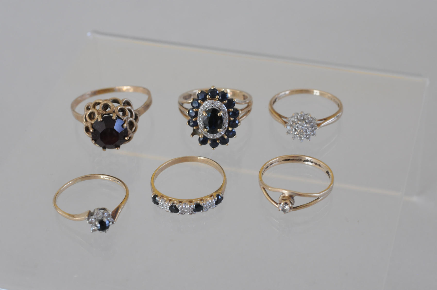 Six gem rings in 9ct gold.