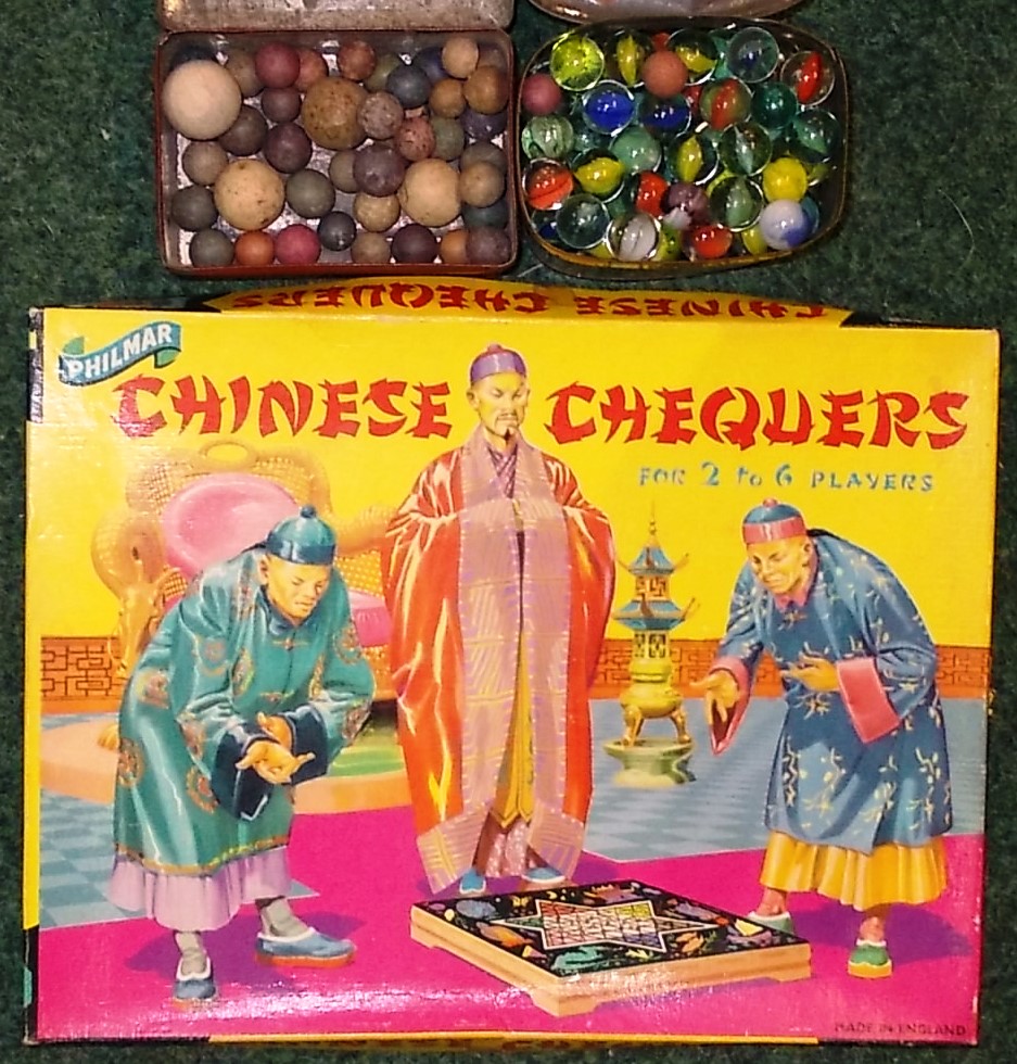 Chinese Chequers set. Also 2 tins of various marbles.