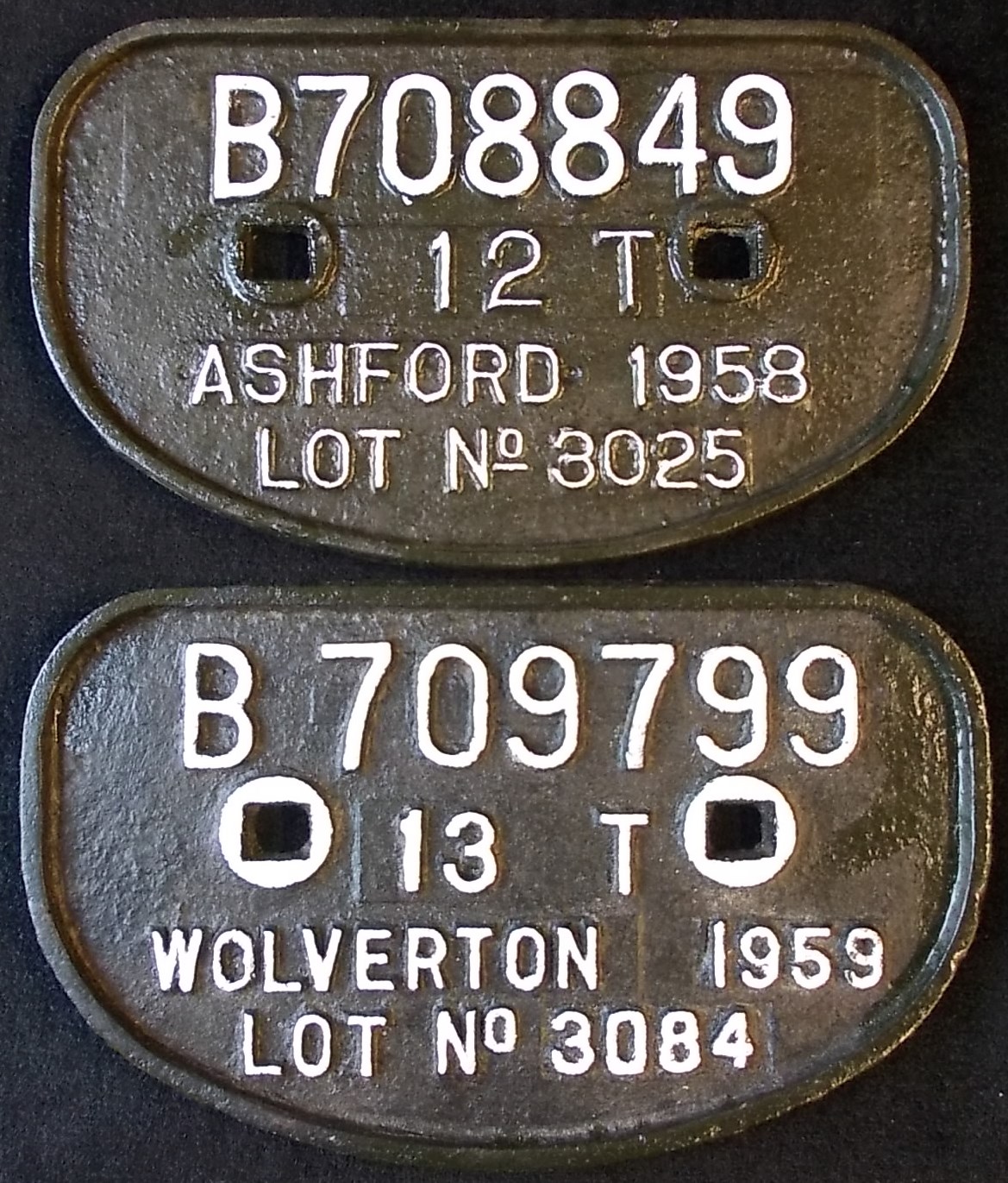 (2) Railwayana. Railway cast iron wagon registration plates. Ashford 1958 – B708849 – 12 T – Lot No.