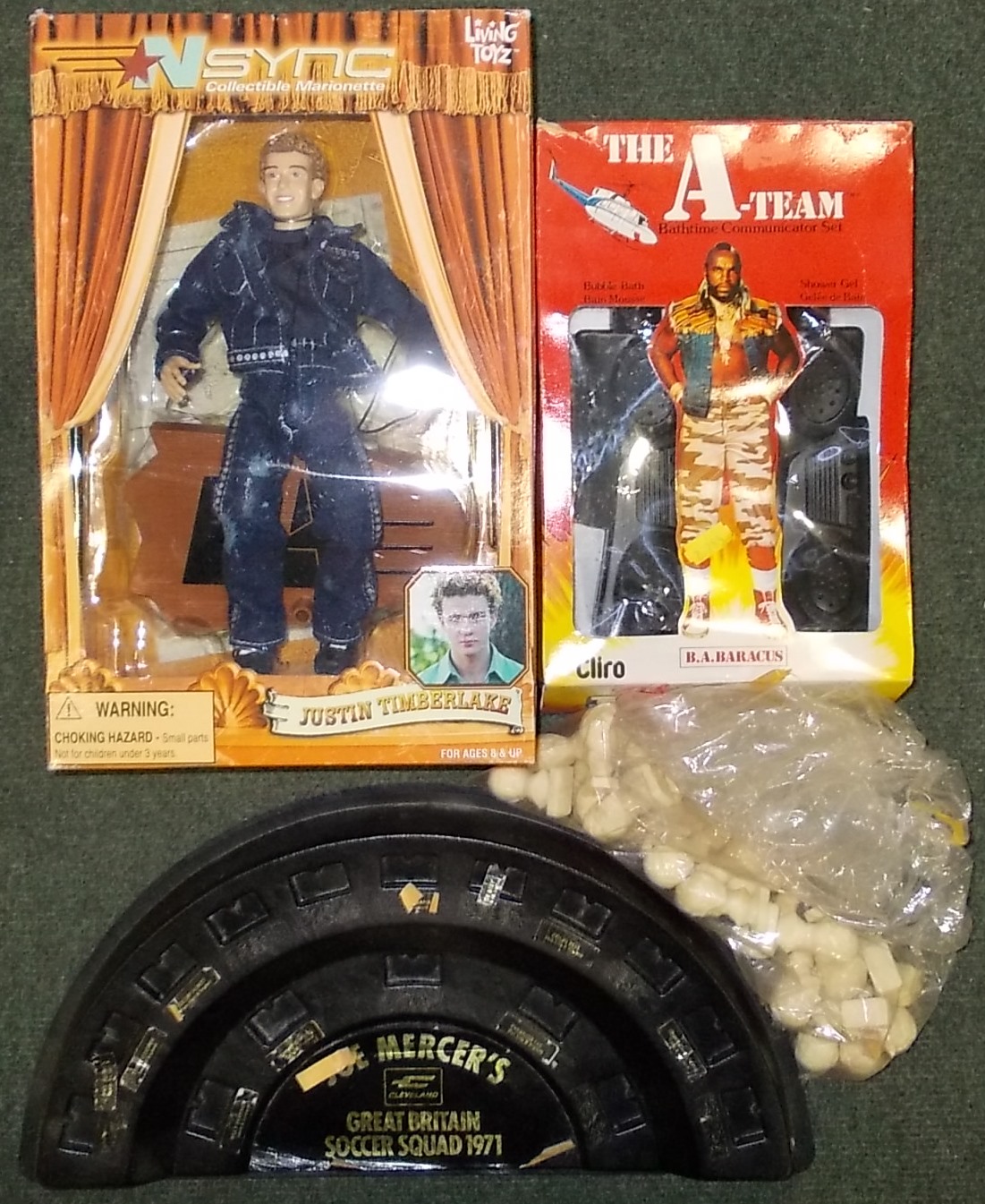 (3) Joe Mercer’s GB Soccer Squad 1971, ‘A Team’ bath-time communications set, Justin Timberlake