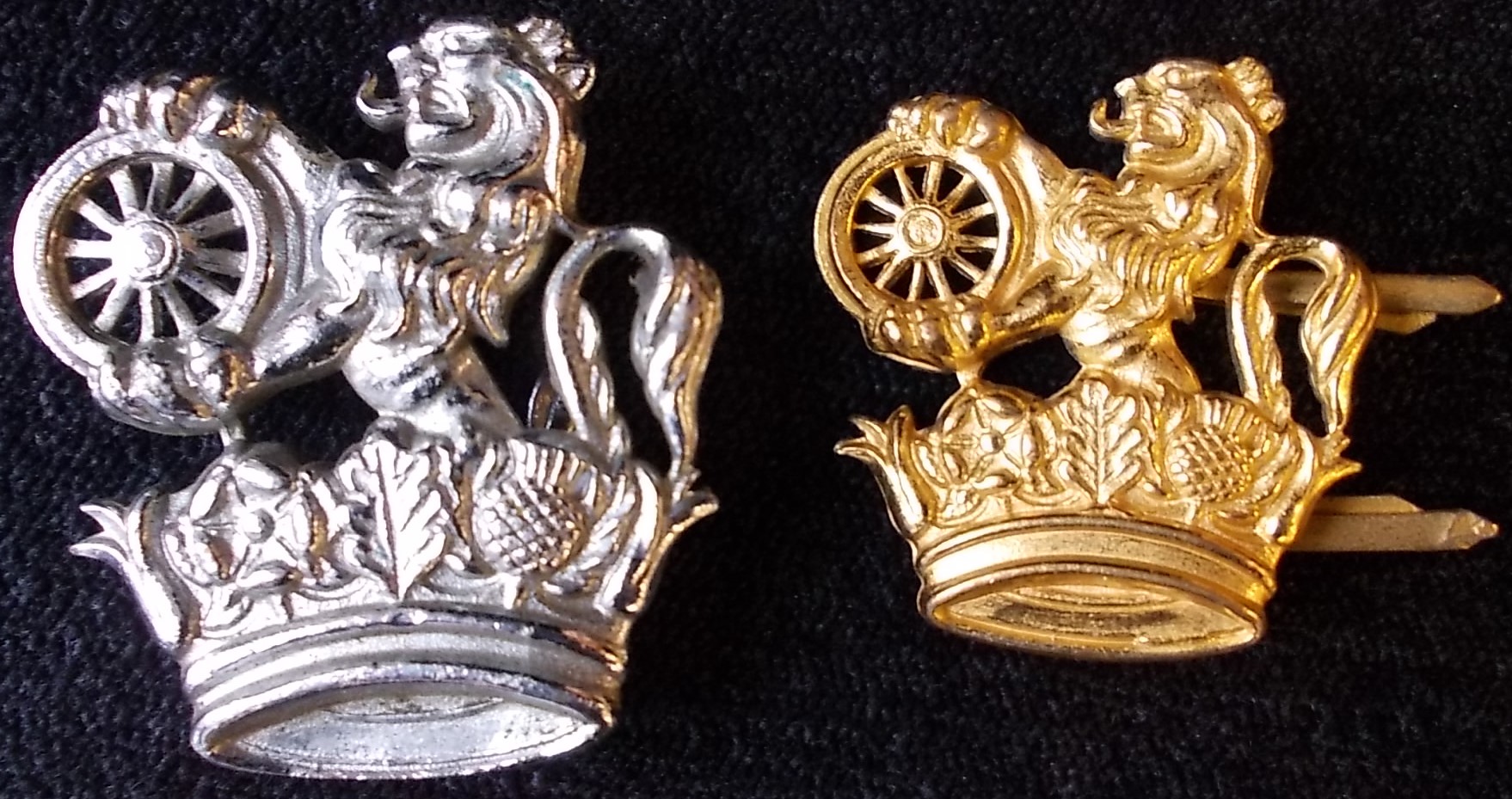 (2) Railwayana. Chromed B.R. cap badge. Another smaller brass badge with prong fittings.