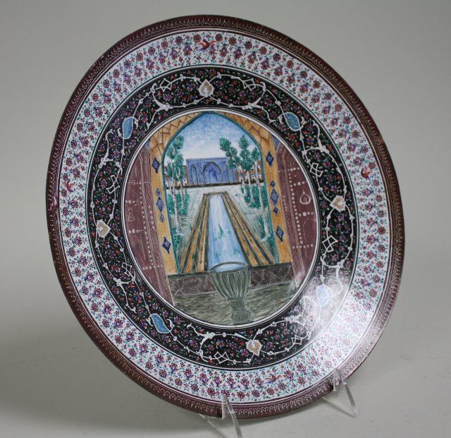 Enameled Orientalist charger Approx. 11.5"" D. Slight scratches & paint losses. Slight scratches &