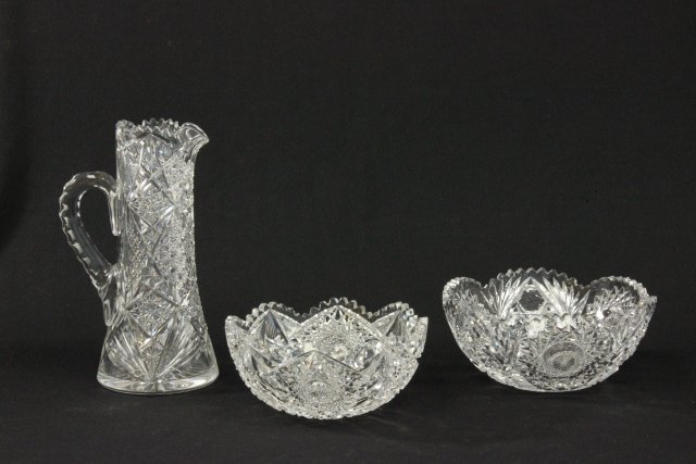 Lot of 3 Cut Glass Crystal Items Including 2 bowls & pitcher - 11"" high Bowls with  minor flakes