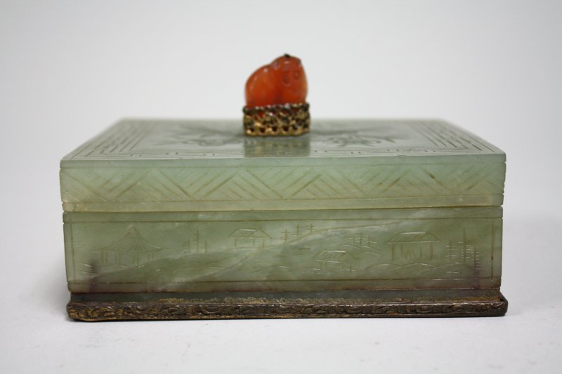 Jade carved trinket box With carnelian top. 4"" x 3 3/4"" x 2 3/4"". From a  40 year collection.