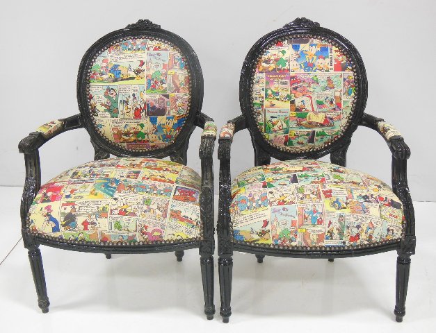 Pair Louis XVI style fautieuls With Disney Donald Duck style comic upholstery. Approx. 37.5" H x 25"