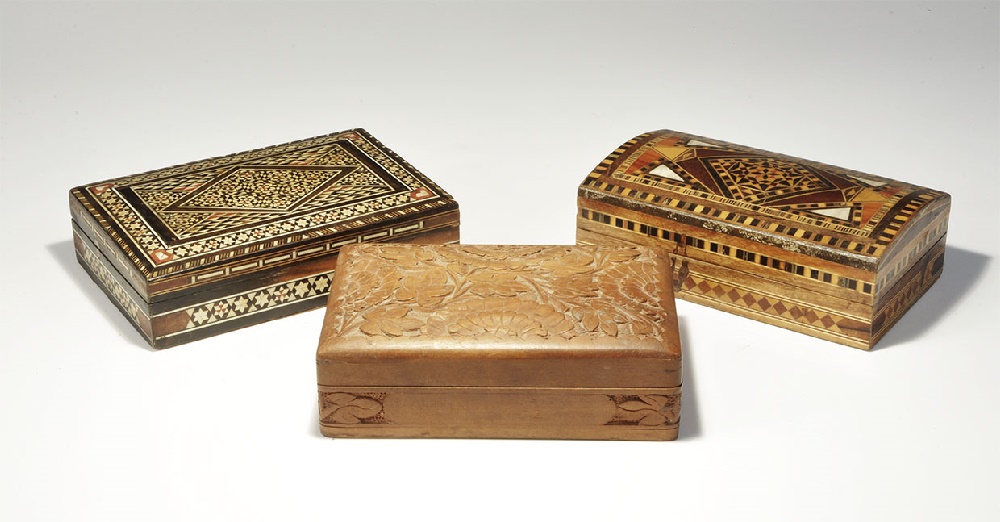 Vintage Inlaid & Other Wooden Box Group20th century AD. A mixed group of wooden lidded boxes