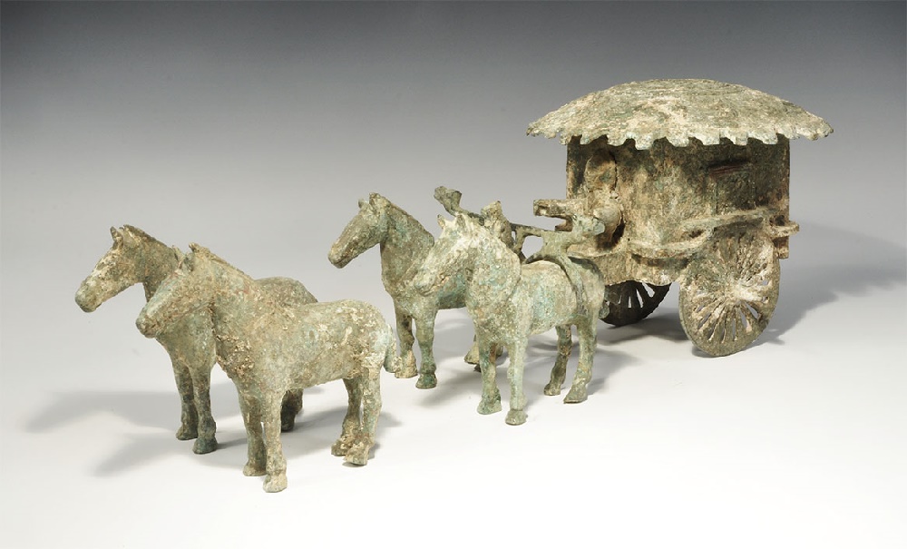 Chinese Style Bronze Horse and Chariot GroupAn undated archaistic fabricated model chariot