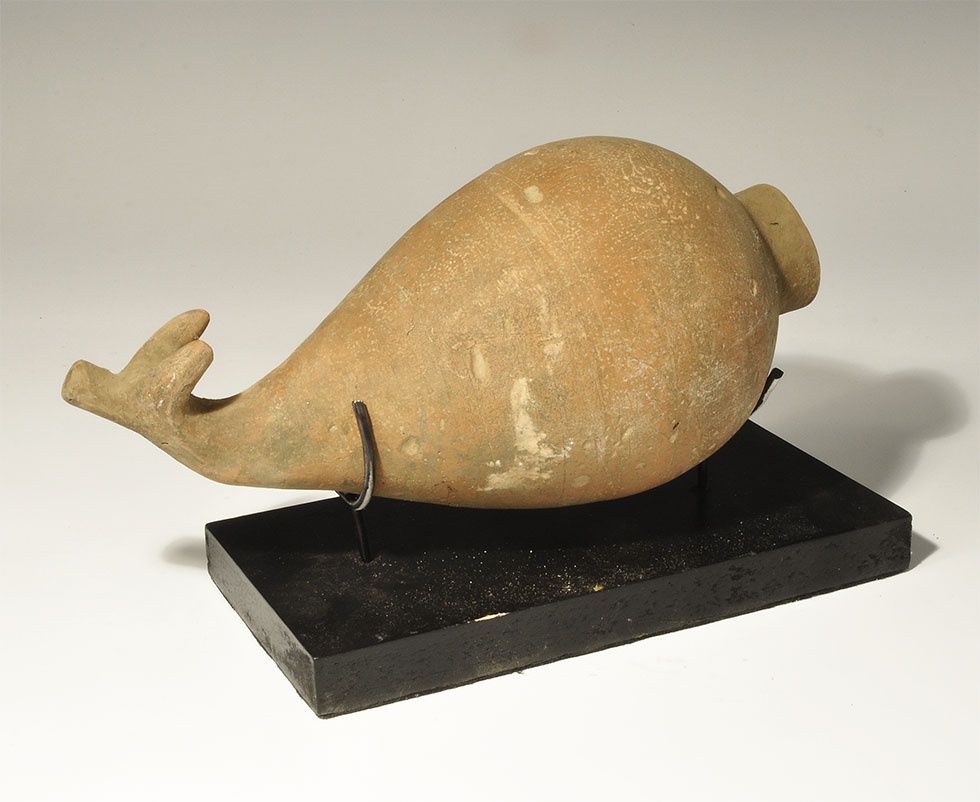 Near Eastern Amlash Ceramic Rhyton1200-1100 BC. A globular terracotta vessel with tubular neck,