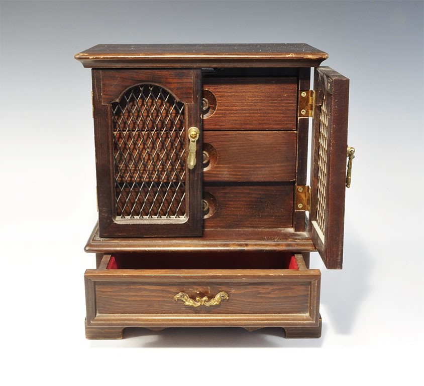 Cabinets - Wooden Jewellery Cabinet20th century AD. A miniature cabinet with long drawer to the