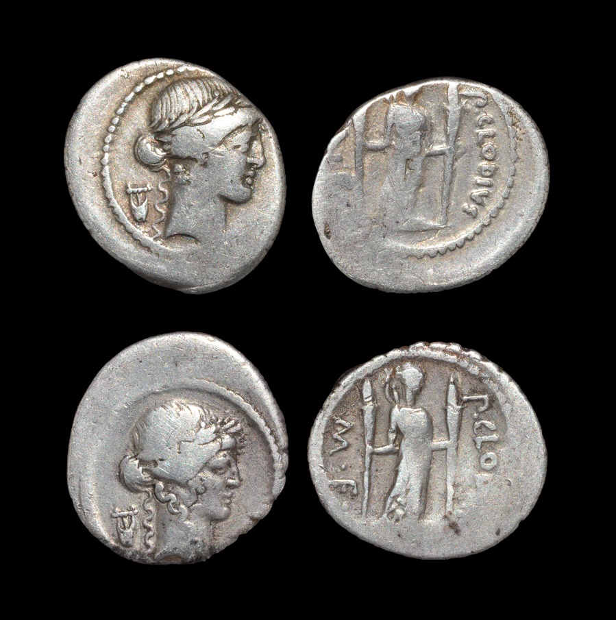 Ancient Roman Republican Coins - P. Clodius - Diana Lucifex Denarii [2]42 BC. Obv: laureate head