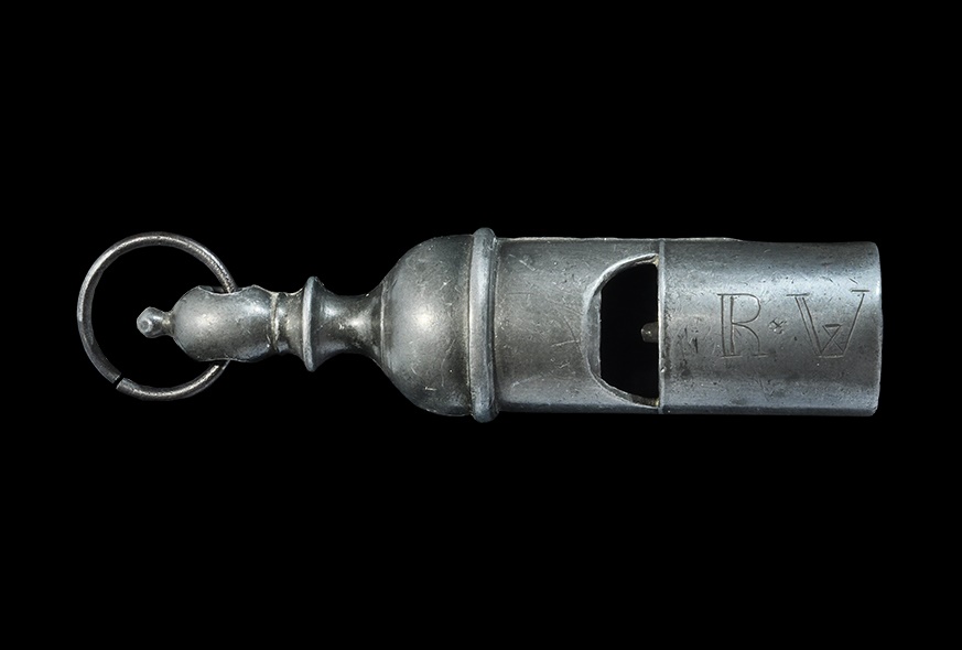 Post Medieval Georgian `R.W. - FLY` Hawking Whistle18th-19th century AD. A base metal whistle with