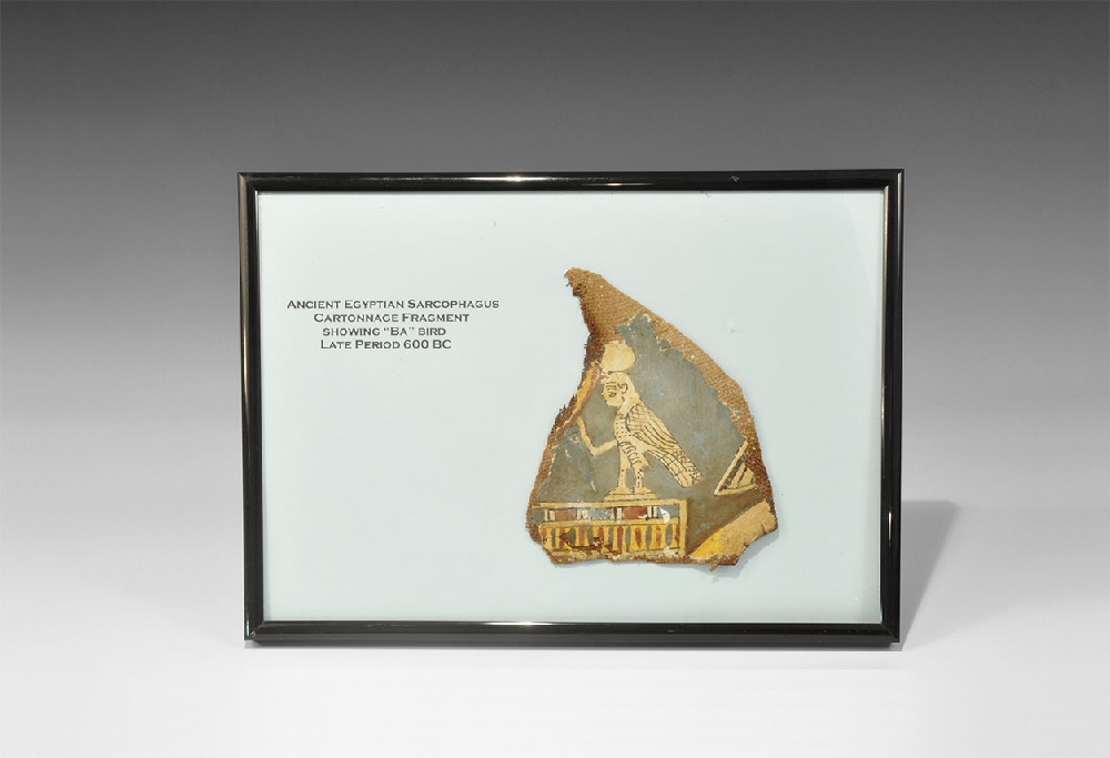 Egyptian Cartonnage Sarcophagus Fragment with Ba BirdPtolemaic Period, 332-30 BC. A triangular