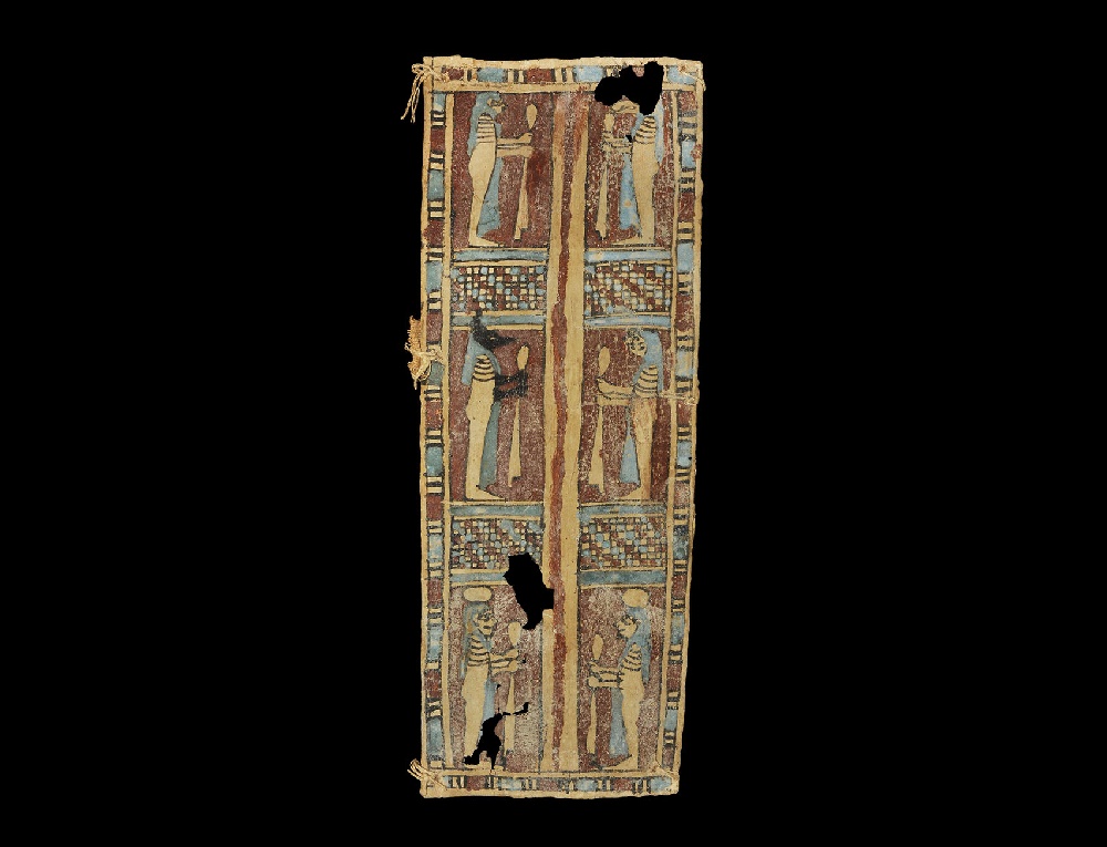 Egyptian Polychrome Cartonnage PanelLate Period, 664-332 BC. A rectangular panel with billeted