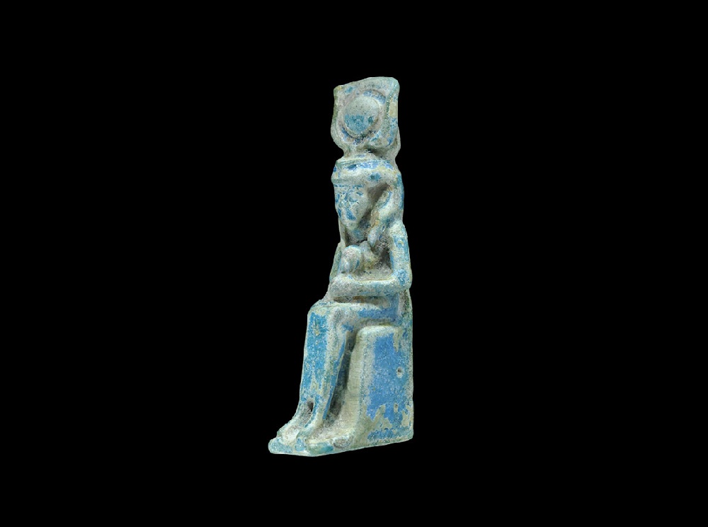 Egyptian Glazed Composition Isis with Horus AmuletLate Period, 664-332 BC. A light blue-green amulet